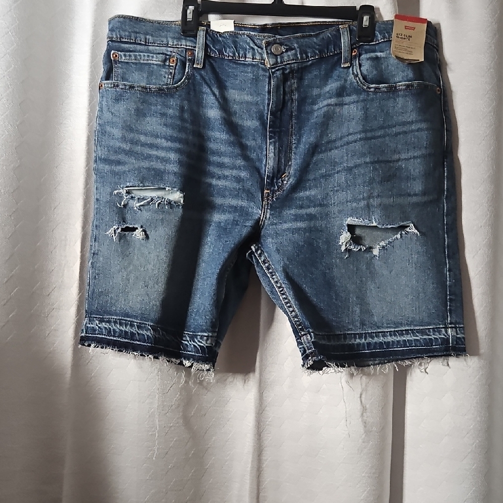 Levi's Blue Distressed Jean Shorts with Raw Hem